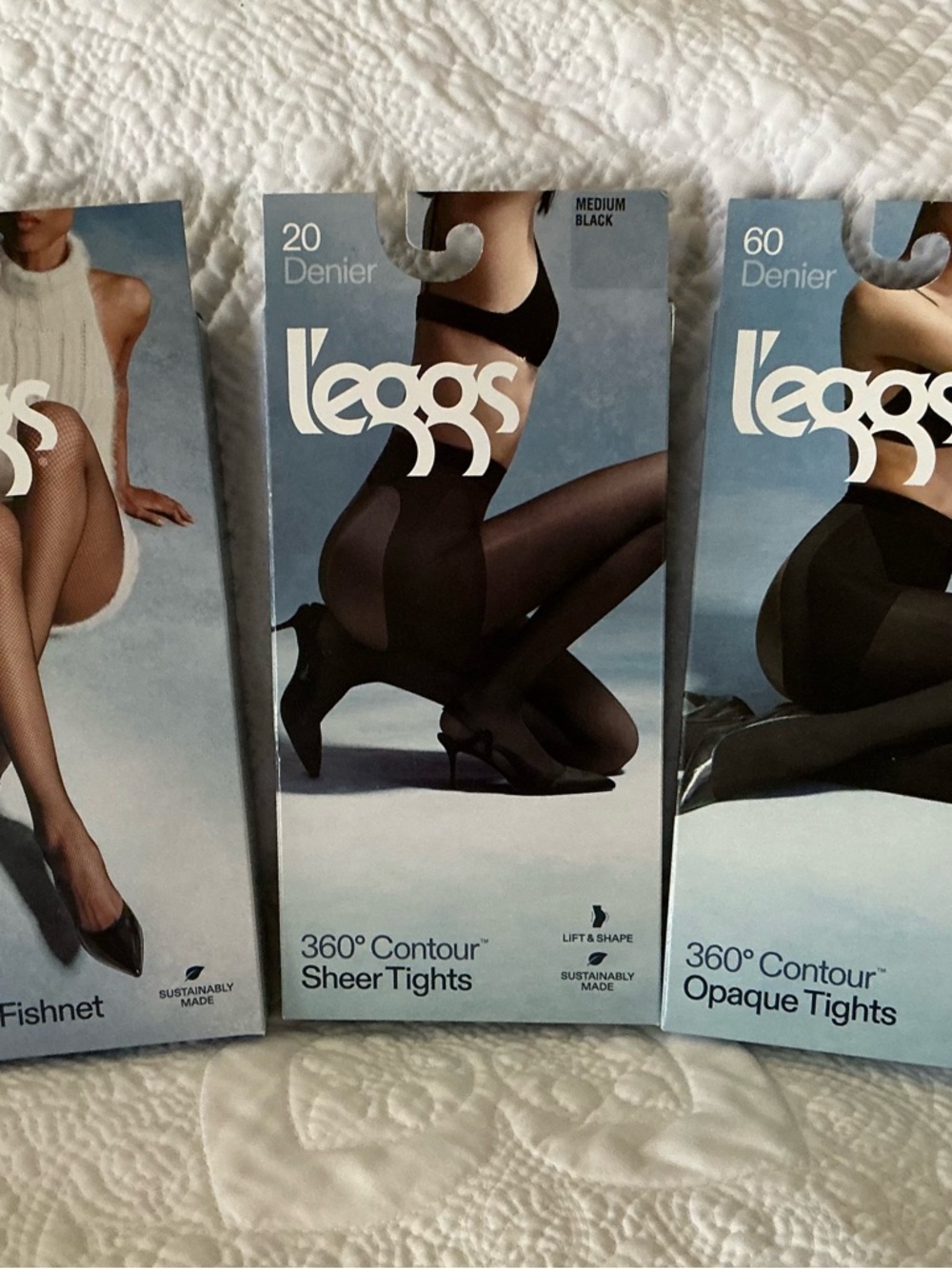L'eggs 360° Contour 1 Sheer, 1 opaque and 1 fishnet tights